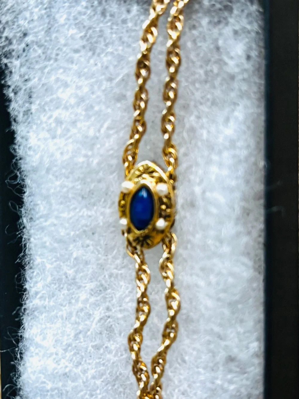 Vintage Gold Rope Style Chain Necklace with Natural Lapis and Pearl
